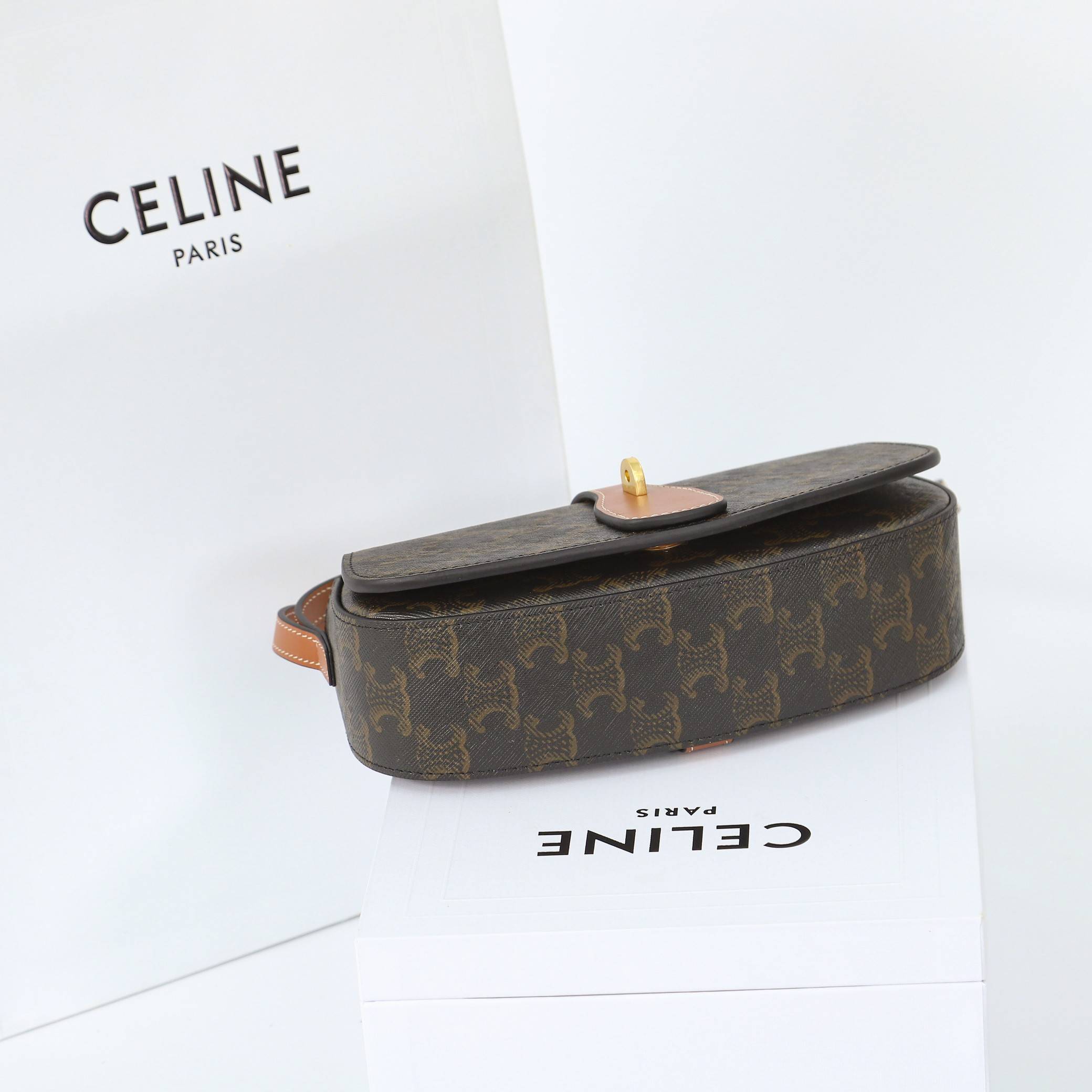 CELINE TABOU logo printed cattle leather sash clutch