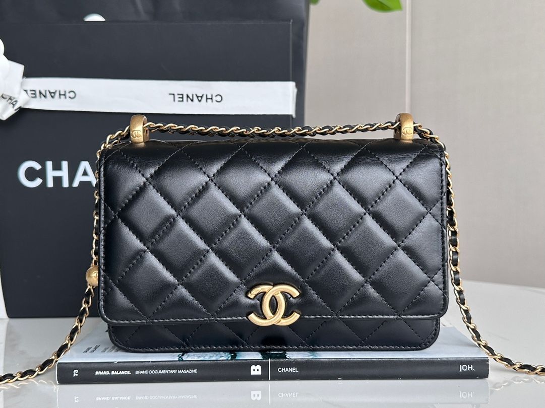 CHANEL Superior Workshop Double Gold beads WOC black authentic leather