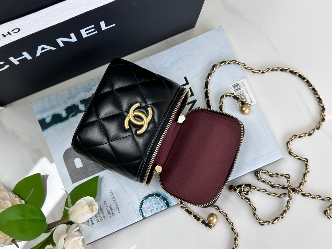 CHANEL Superior Workshop double gold beads small box black genuine leather