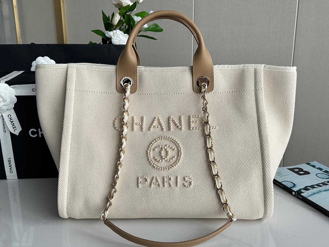 Chanel pearl embroidered beach bag