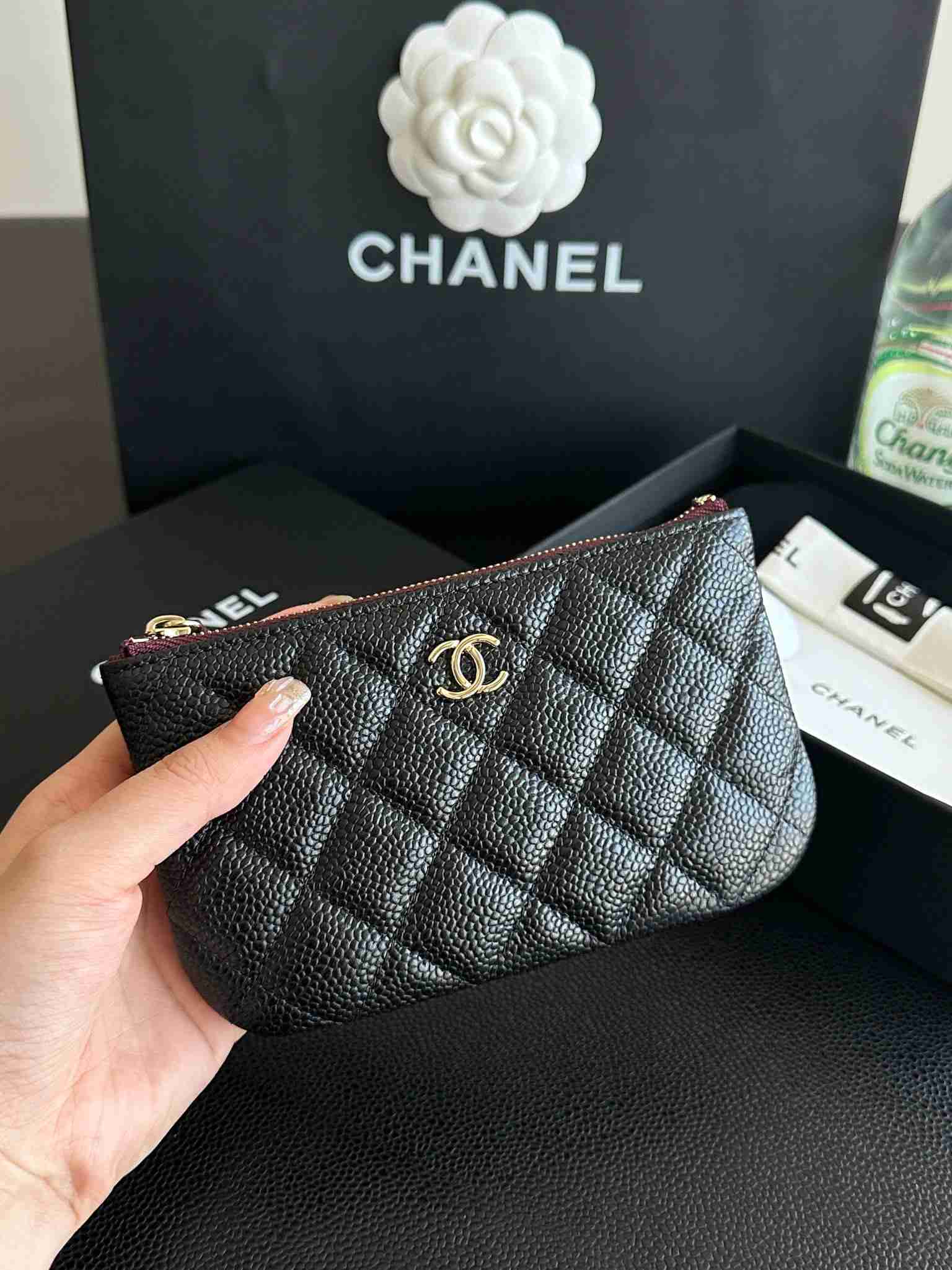 CHANEL classic mini zipper carrying black gold purse