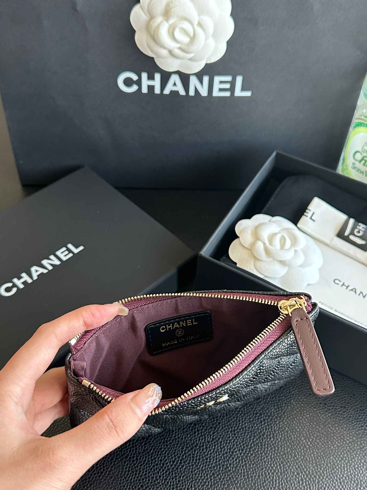 CHANEL classic mini zipper carrying black gold purse